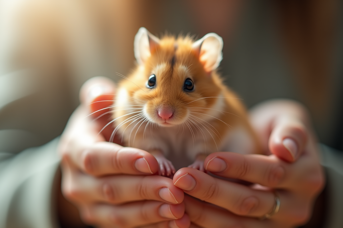 Personne tenant doucement un hamster doré sous lumière naturelle