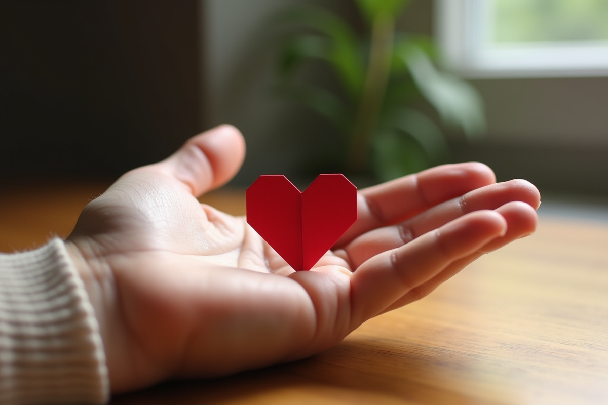 Main tenant un origami en forme de coeur sur une table en bois