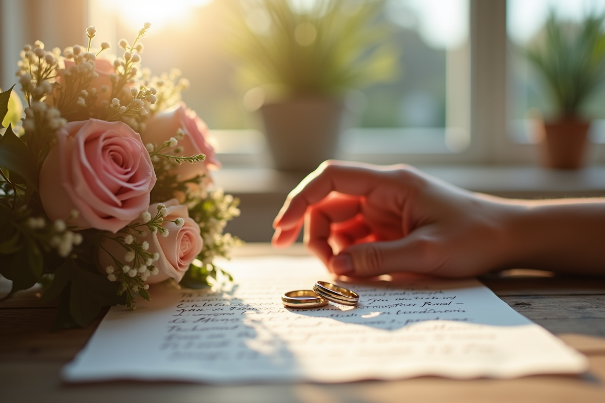 Mains avec alliances sur lettre de voeux et bouquet