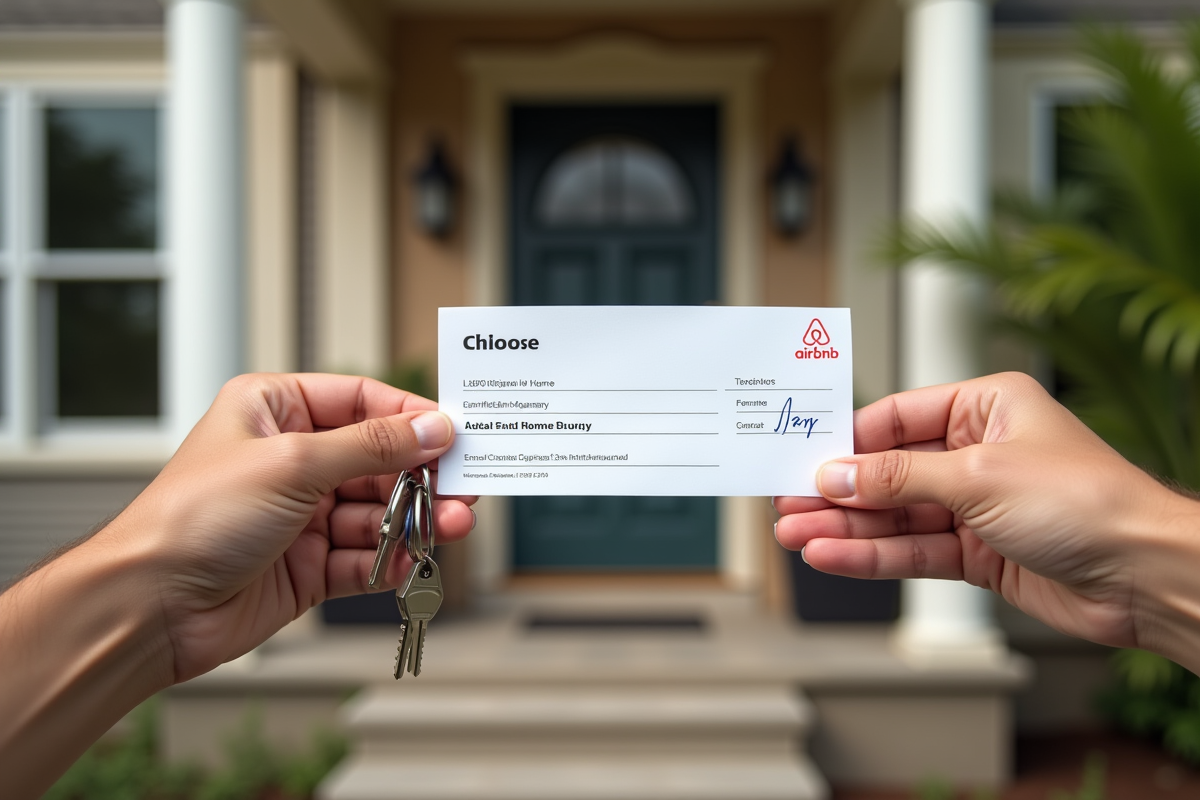 Mains tenant un cheque Airbnb et des clés devant une maison