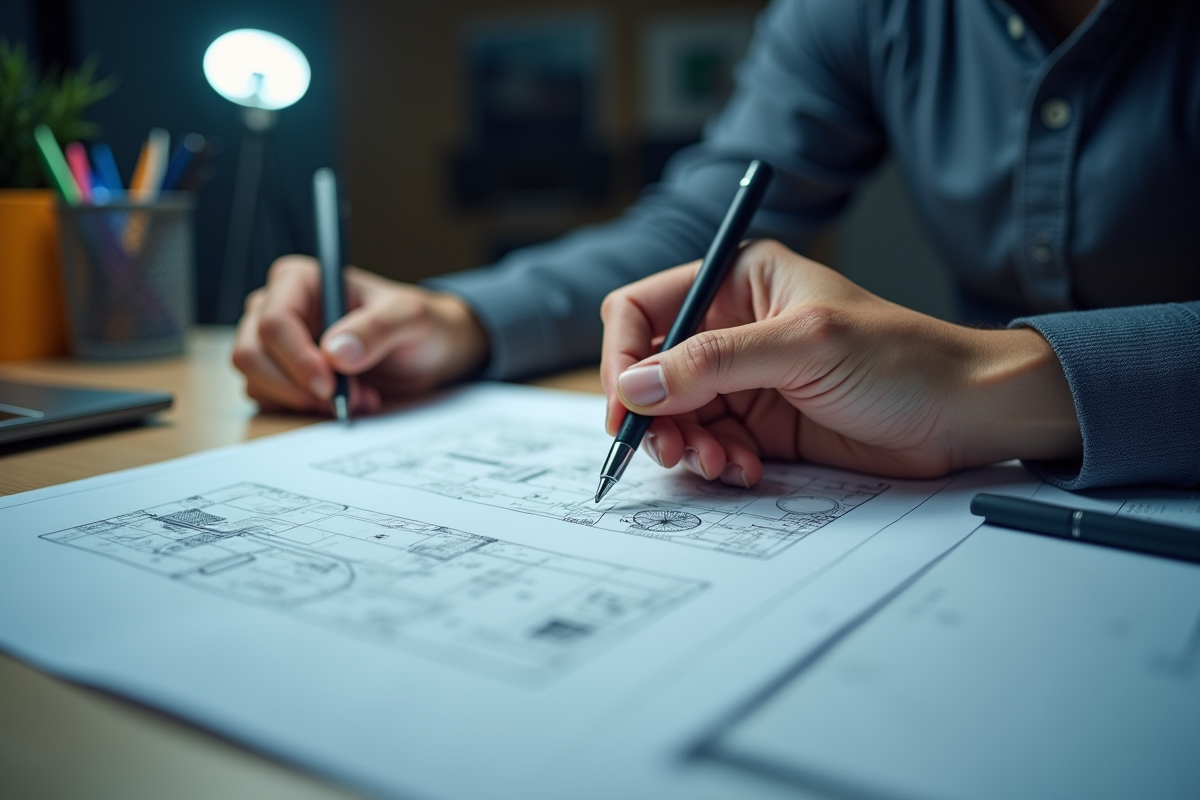 Mains travaillant sur des plans techniques avec outils