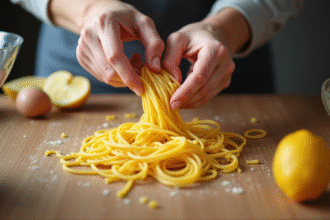 Personne mesurant des spaghetti crus sur un plan de travail