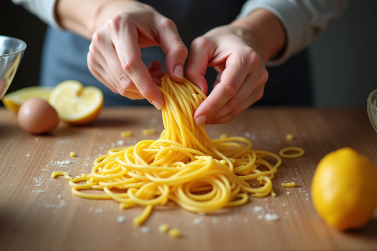 Personne mesurant des spaghetti crus sur un plan de travail