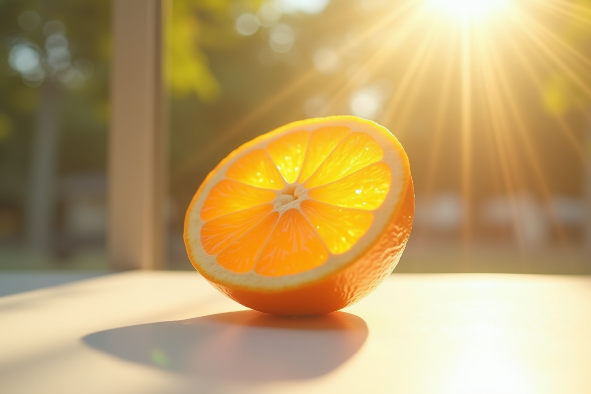 Orange coupée en lumière naturelle du matin