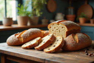 Pain maison sur table en bois avec lumière naturelle