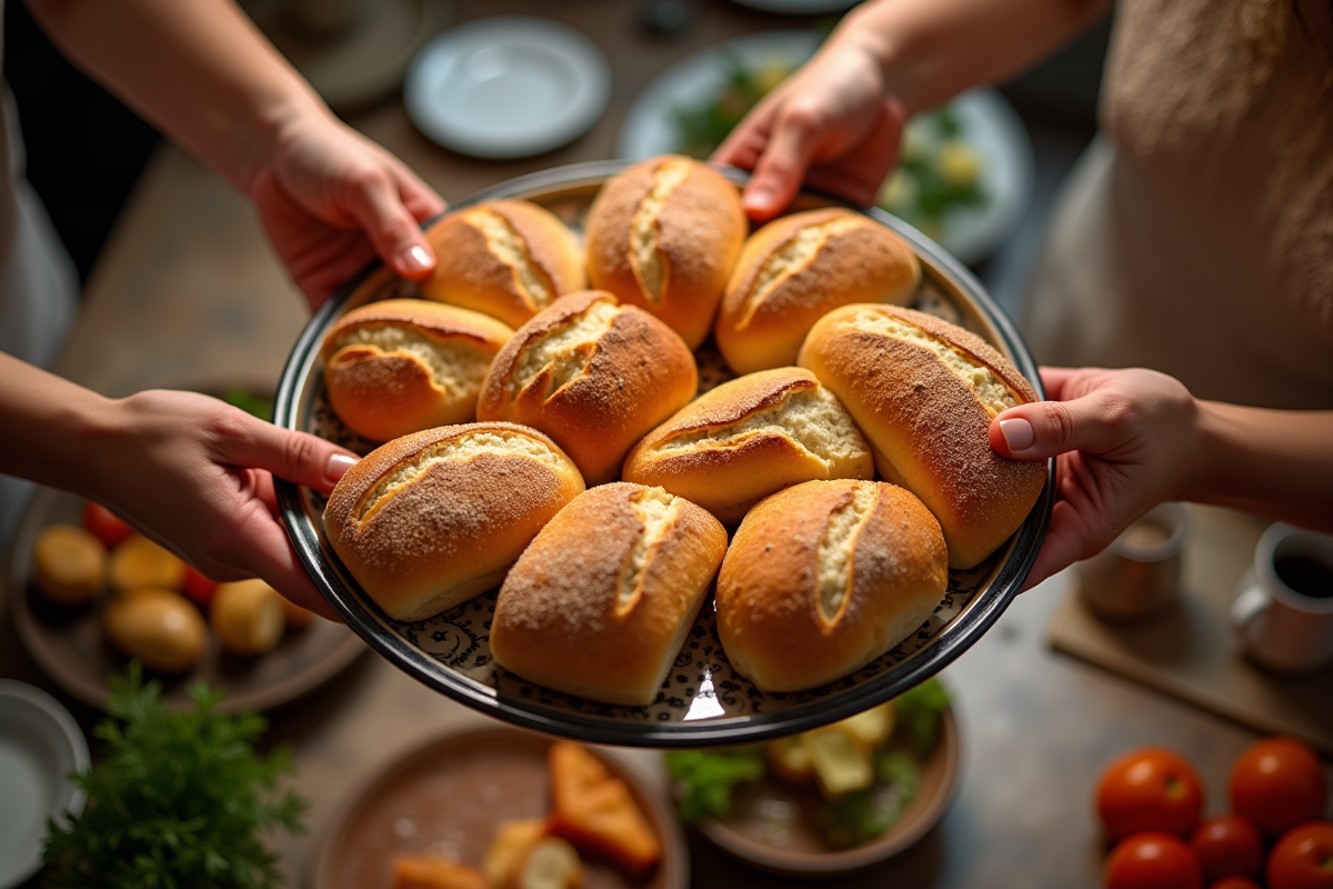 Partage de pain lors d’un dîner convivial en cuisine