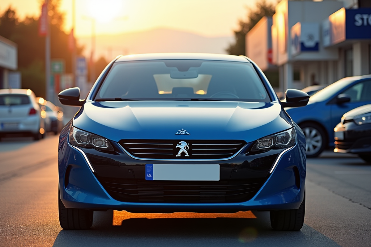 Peugeot 408 d’occasion bleue en concession au soleil couchant