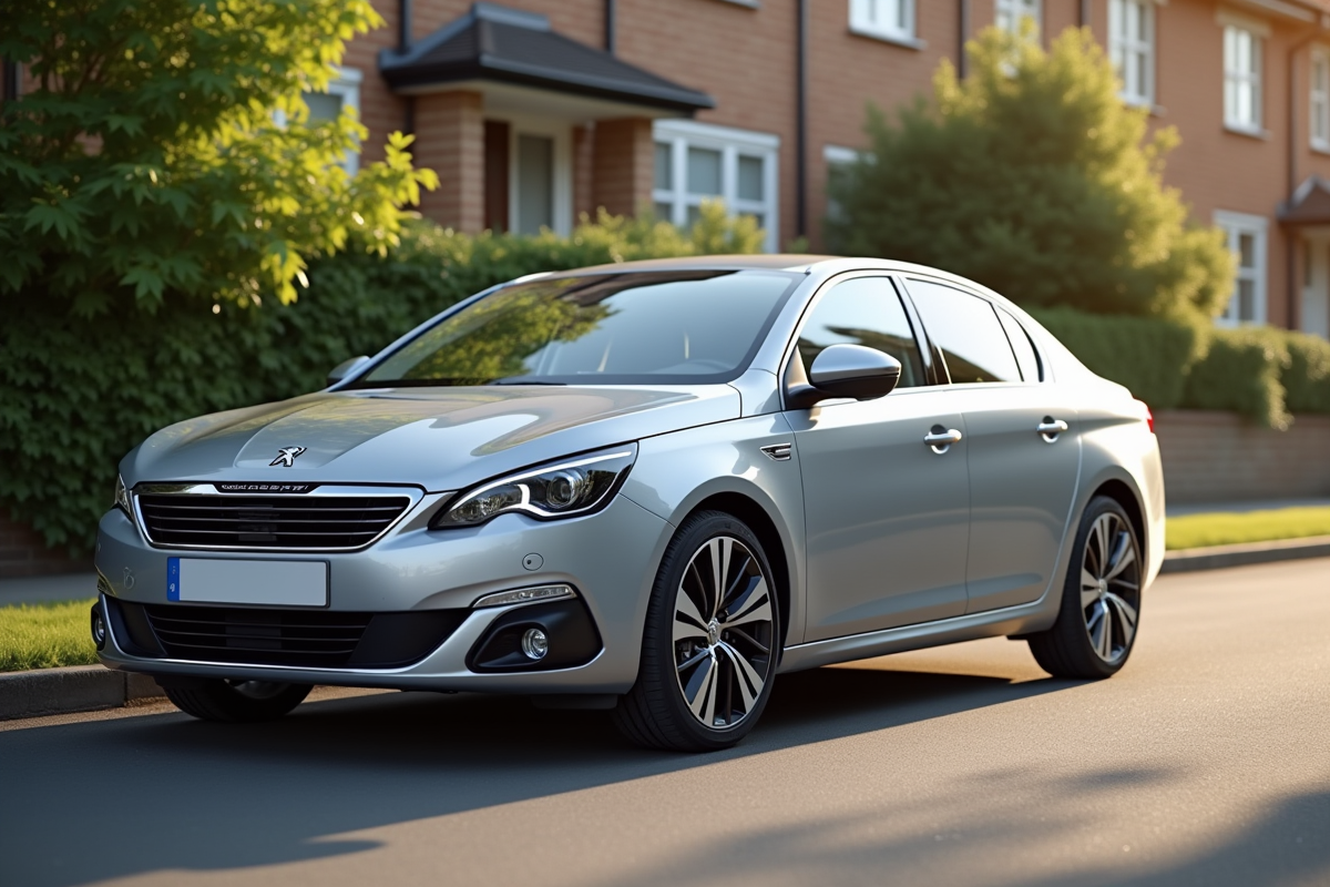 Peugeot 408 argentée stationnée dans une rue ensoleillée