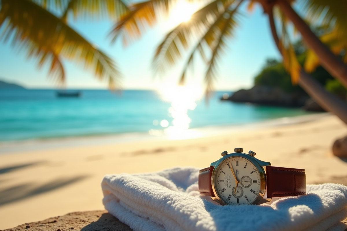 Plage tropicale en Guadeloupe au lever du soleil avec montre