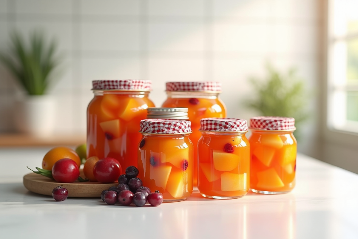 Pots de confiture maison aux fruits sur un plan de travail blanc