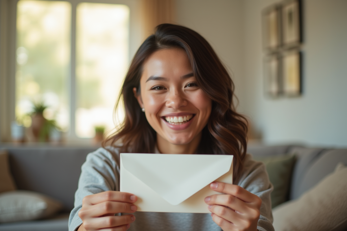 Recepient souriant tenant une enveloppe d