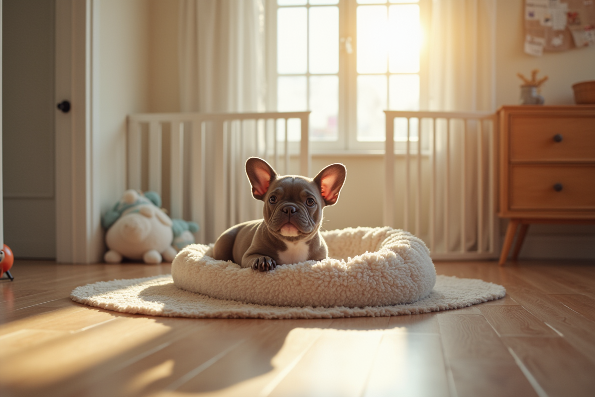 Salon lumineux avec un lit pour chiot bulldog français