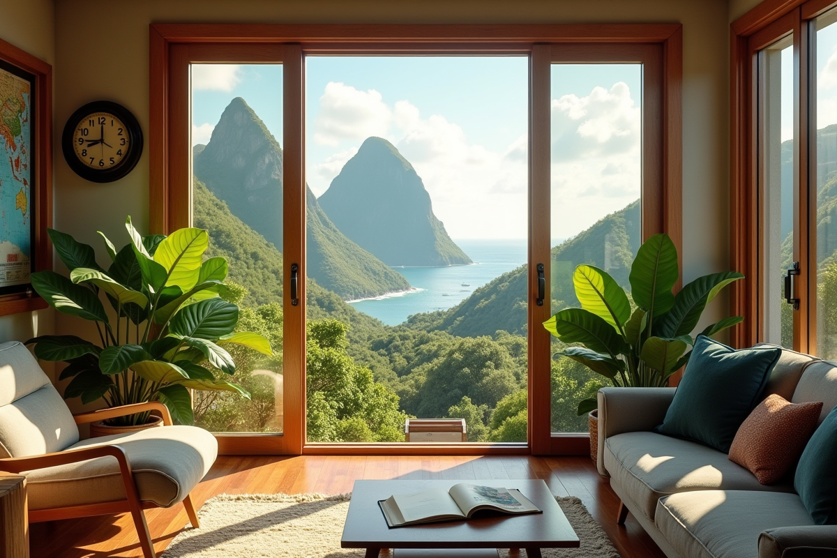 Salon cosy avec vue sur la nature de Guadeloupe et horloge