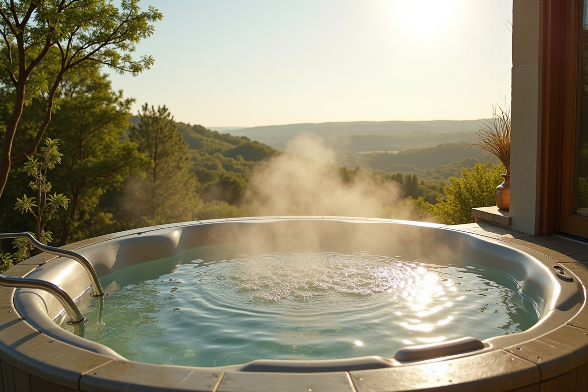 Terrasse spa luxueuse en Normandie avec jacuzzi et verdure
