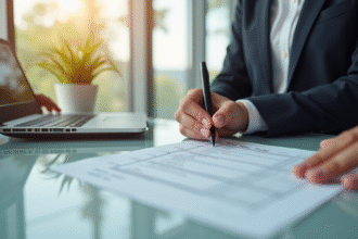 Personne remplissant un formulaire de transfert d'argent à un comptoir moderne