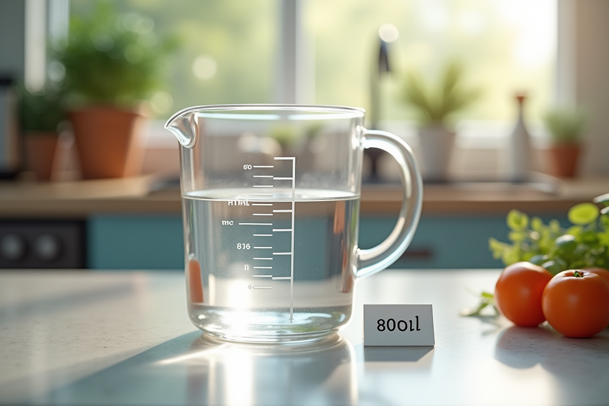 Verre mesureur rempli d'eau avec note indiquant 80 cl