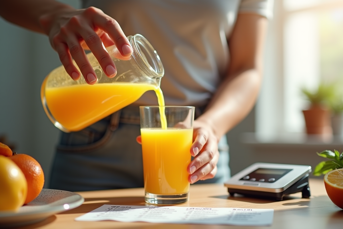 Mains versant du jus dans un petit verre avec balance et tableau de conversion