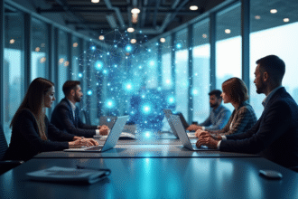 Bureau moderne avec interface blockchain en projection