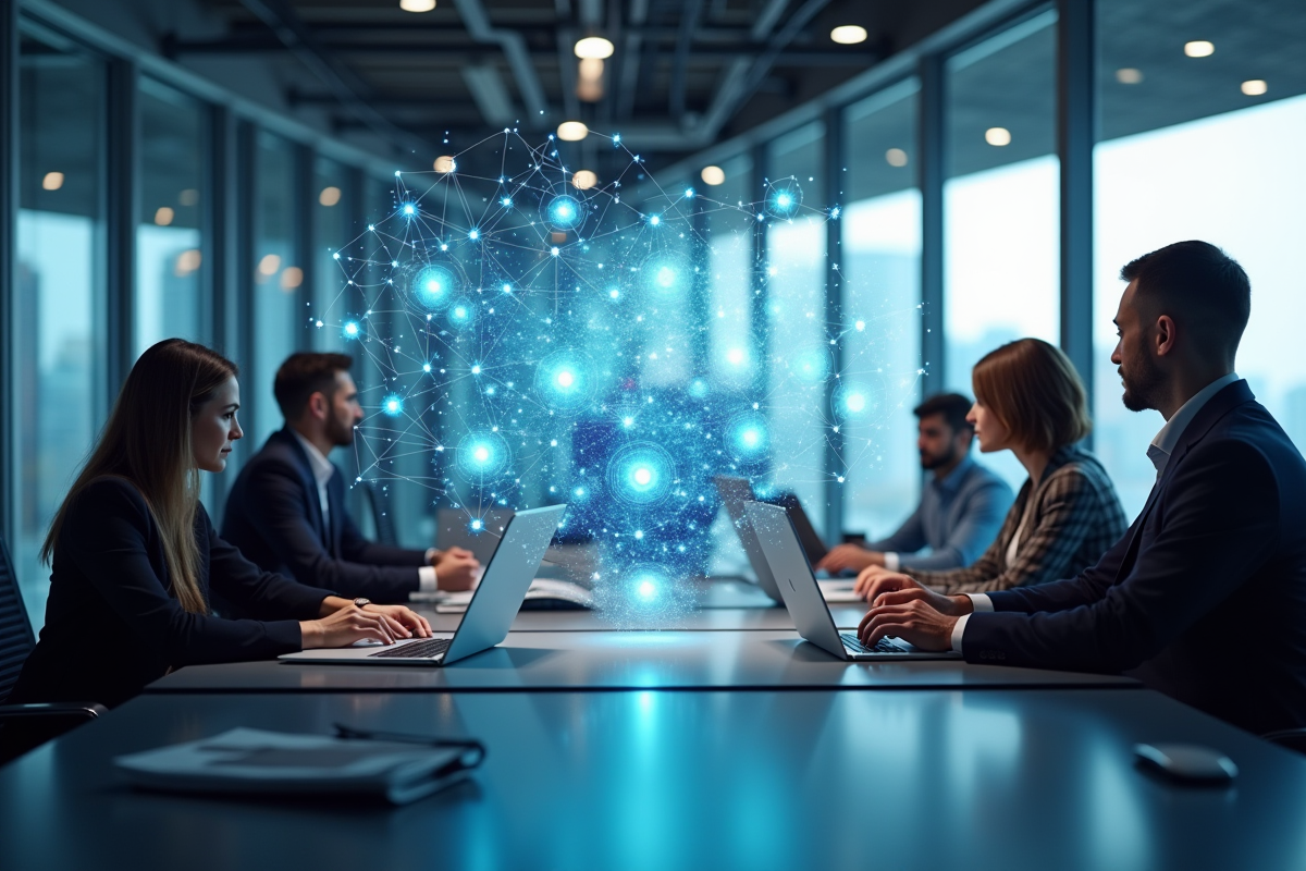 Bureau moderne avec interface blockchain en projection