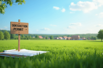 Champ vert avec panneau de permis de construire et village