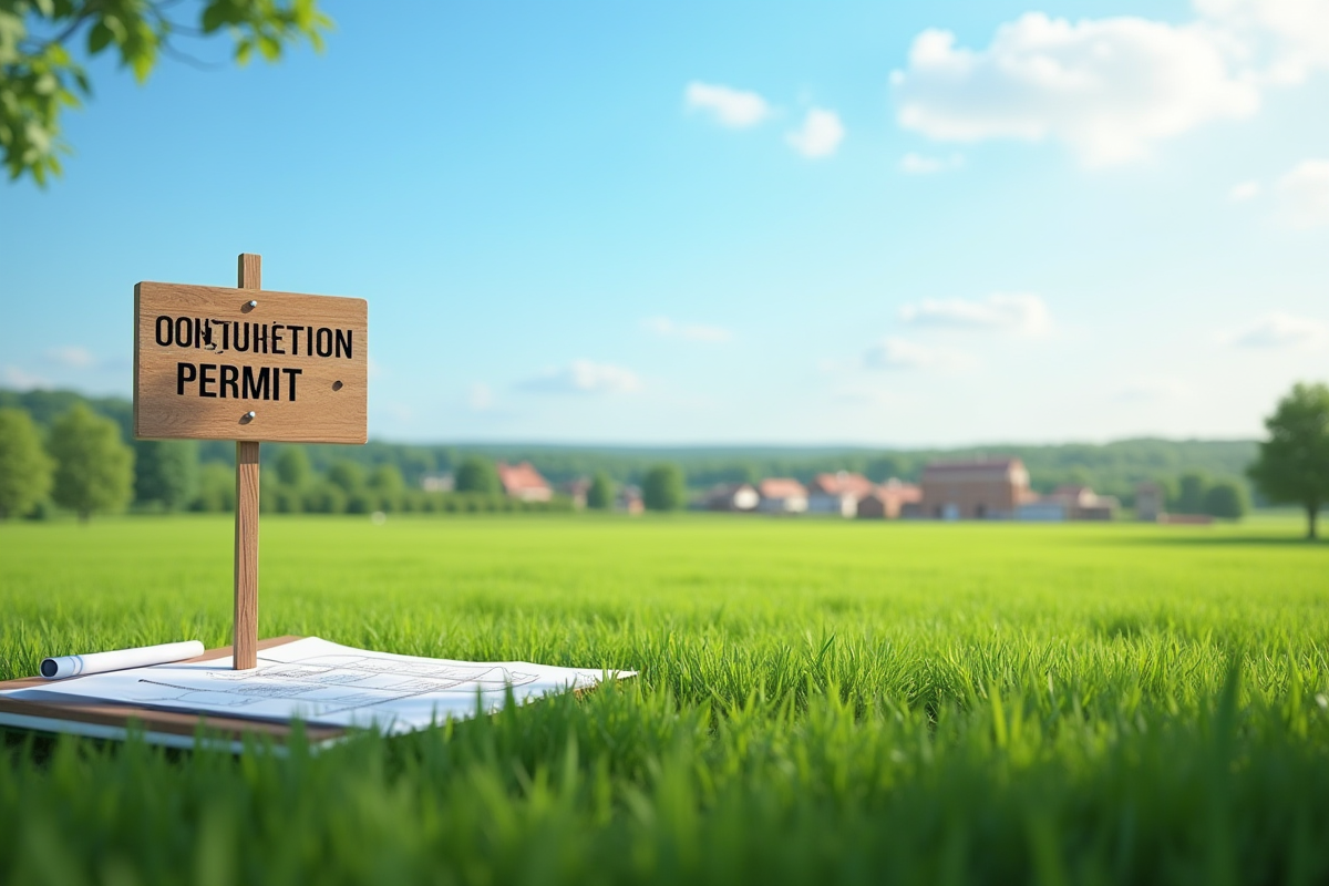 Champ vert avec panneau de permis de construire et village