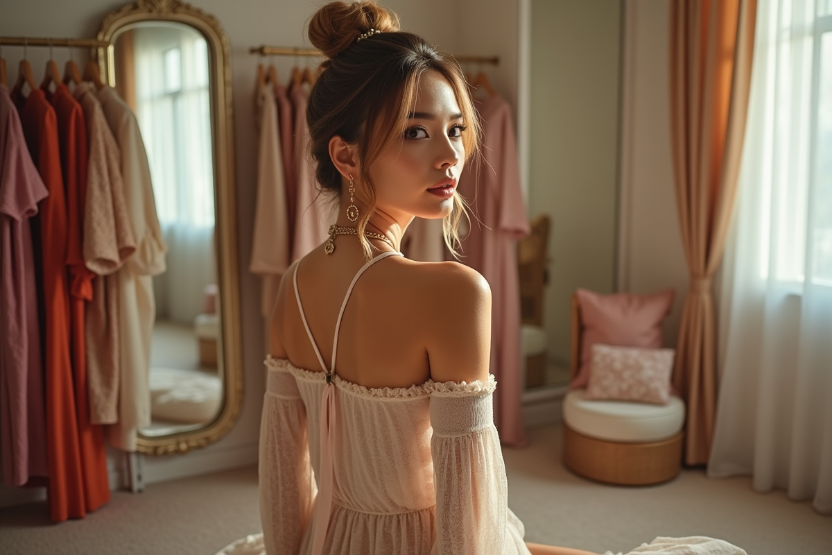 Femme élégante posant dans un dressing glamour lumineux