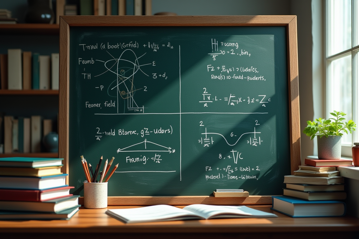 Tableau noir avec équations de physique quantique ambiance studieuse