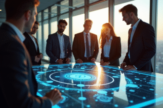 Groupe de professionnels autour d'une table numérique blockchain