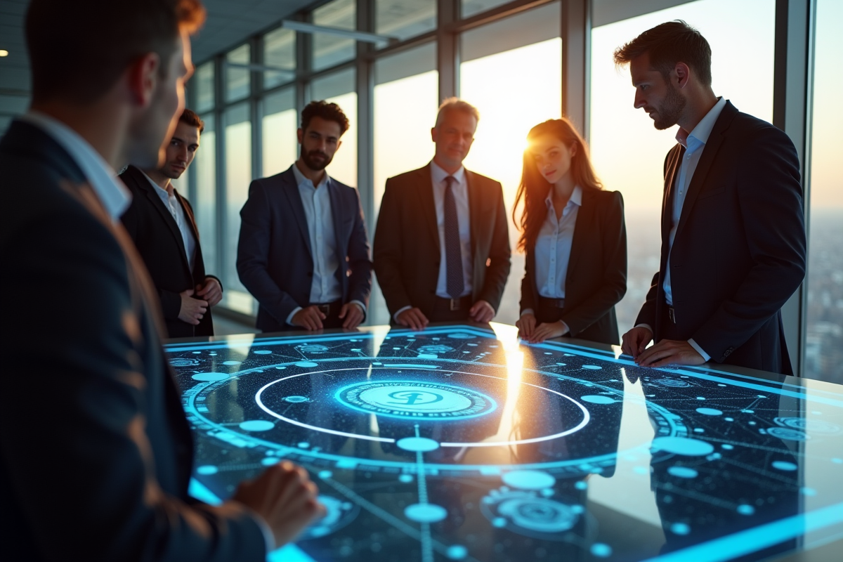 Groupe de professionnels autour d'une table numérique blockchain