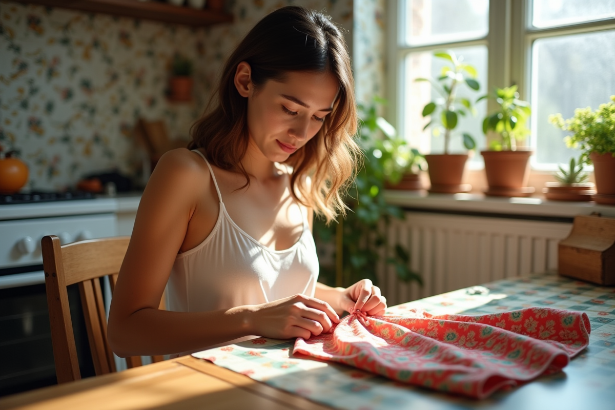Jeune femme cousant une jupe dans une cuisine lumineuse
