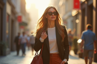 Femme confiante marchant en ville avec style et lunettes