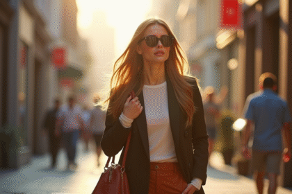 Femme confiante marchant en ville avec style et lunettes