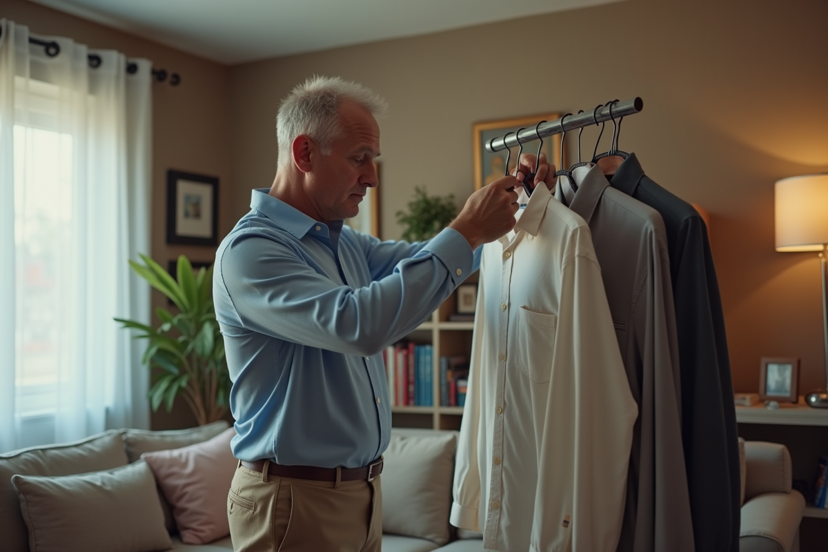 Homme comparant deux tenues dans son salon