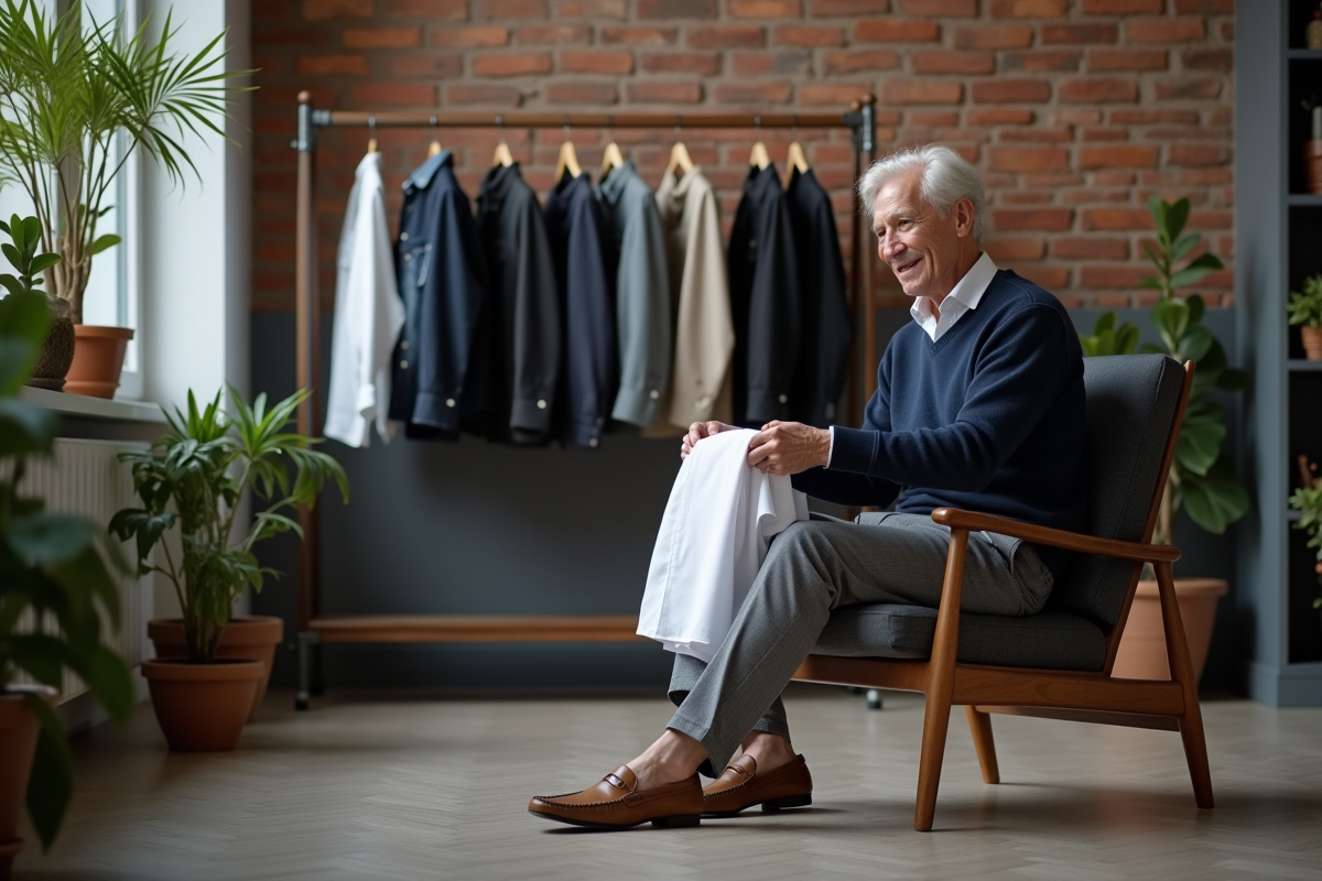 Homme élégant pliant une chemise dans un loft avec armoire capsule