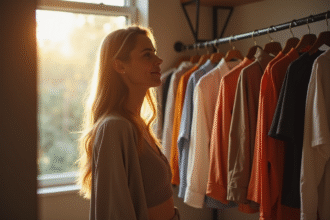 Jeune femme confiante choisissant une tenue devant un miroir
