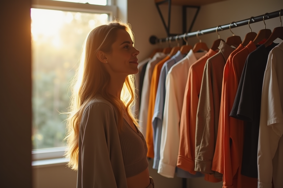 Jeune femme confiante choisissant une tenue devant un miroir