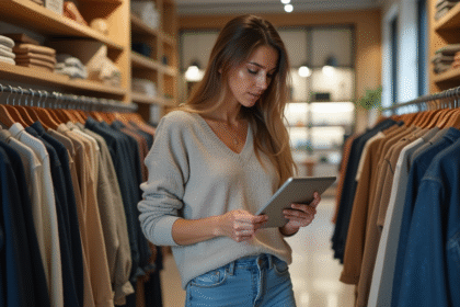 Jeune femme examinant étiquettes de prix en boutique