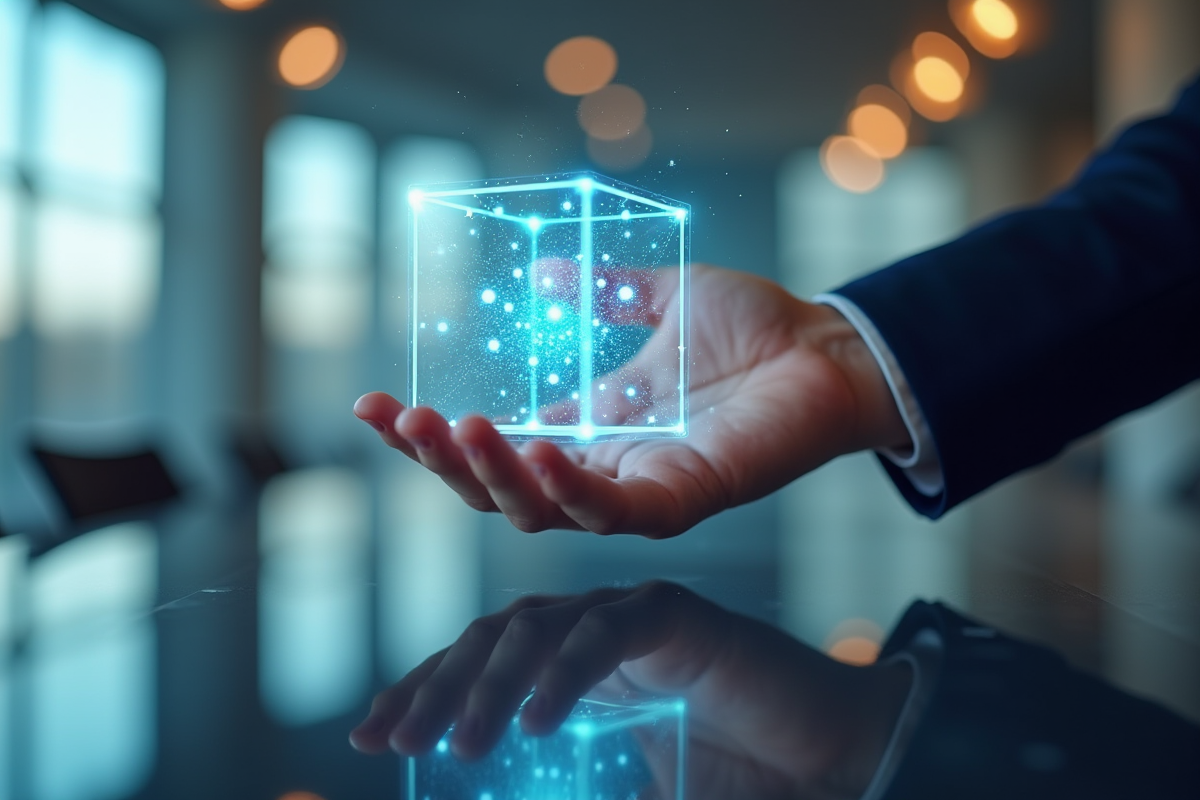 Main tenant un cube numérique avec réseau blockchain brillant