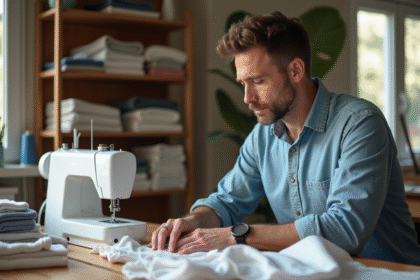 Styliste homme examinant des échantillons de tissu dans son atelier