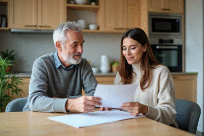 Un couple examine un contrat de location à la cuisine