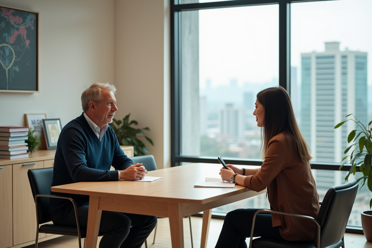 Homme en discussion avec une responsable RH dans un bureau
