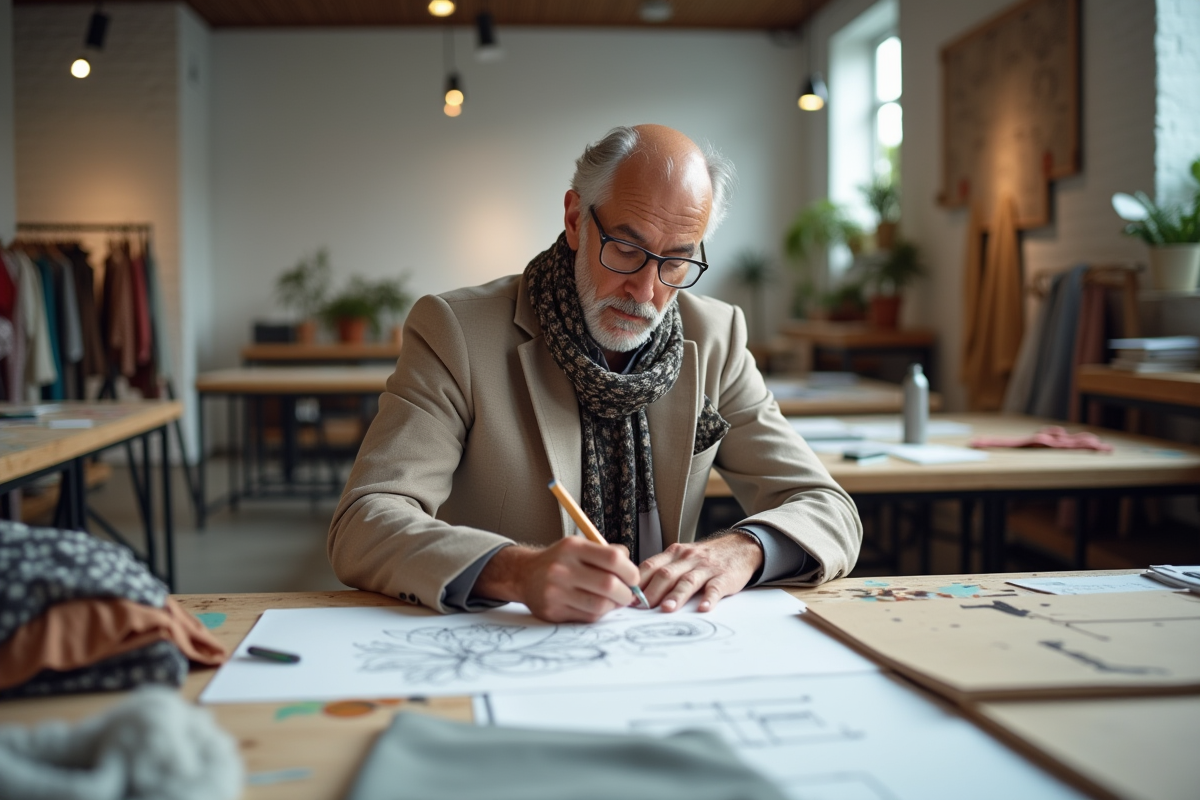 Designer de mode en studio avec croquis et textiles