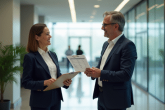 Femme d affaires en costume bleu examinant un devis de nettoyage