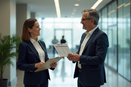 Femme d affaires en costume bleu examinant un devis de nettoyage