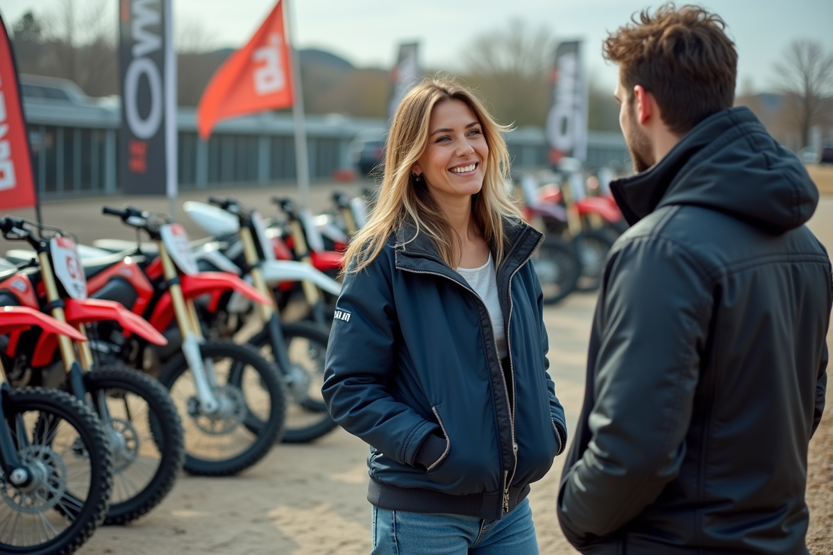 Femme discutant avec un vendeur de motos tout-terrain en extérieur