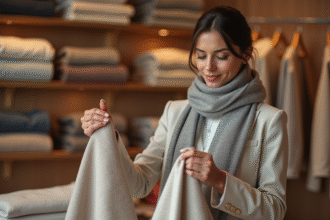 Femme élégante examinant deux écharpes de luxe dans une boutique