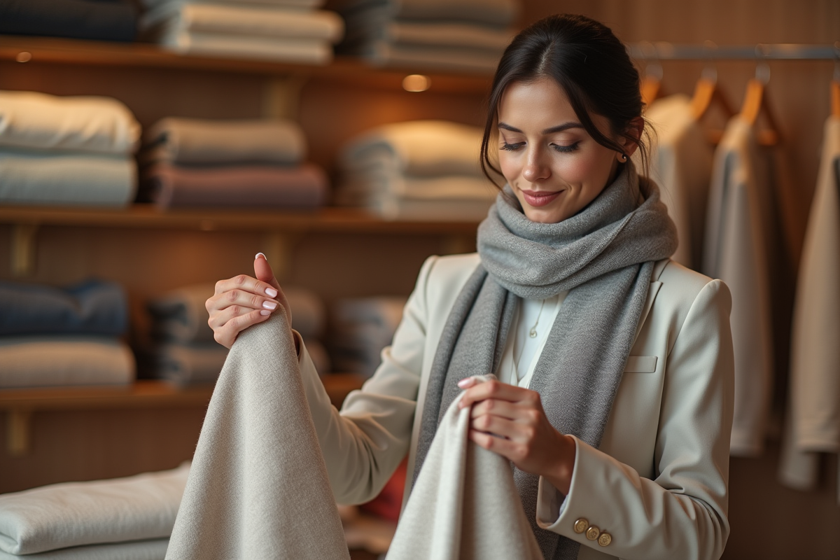 Femme élégante examinant deux écharpes de luxe dans une boutique