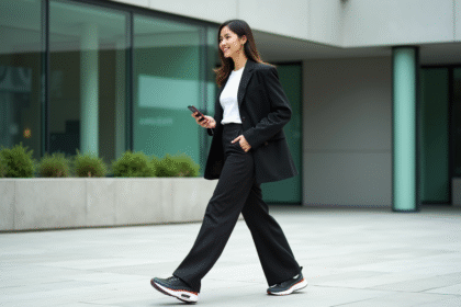 Femme élégante en blazer et pantalons technofabric dans une ville moderne