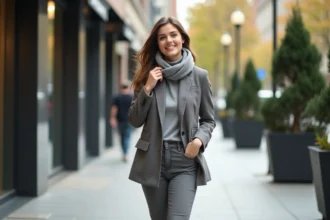 Femme élégante en ville portant blazer et foulard