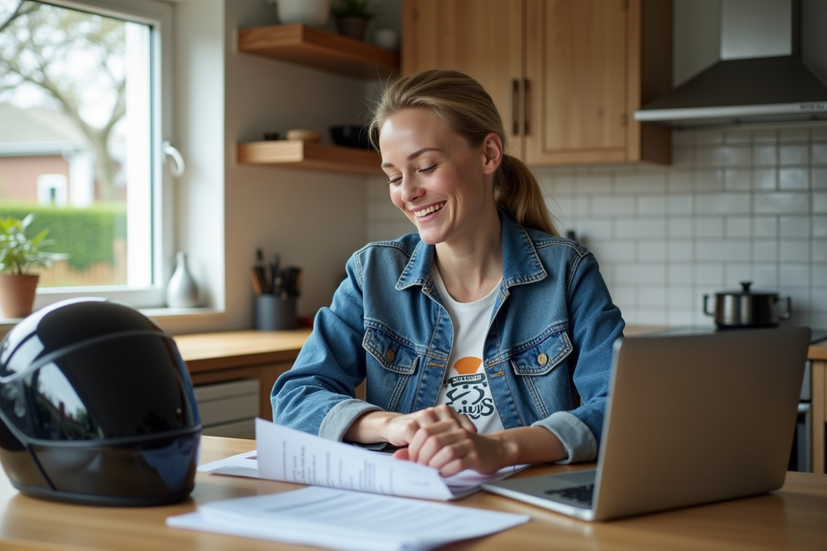 Femme d age moyen avec papiers et casque moto à la maison
